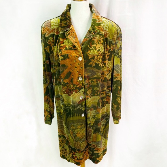 Vintage Tops - Vintage Green Peacock Velvet Button Up Tunic Shacket 2XL